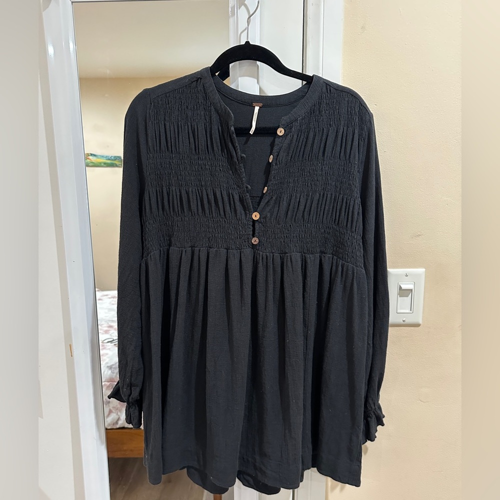 Free People Black Long Sleeve Women's Smocked Babydoll Top